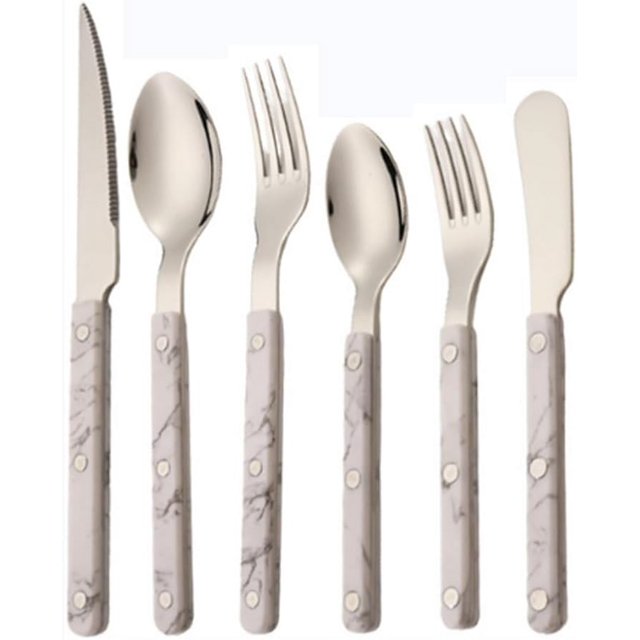 ABS Rivet Handle Marble Pattern Handle Kitchen Stainless Steel Silverware Tableware Flatware Cutlery Knives Forks Spoons Set,Butter Knife Dessert Spoon Fork (6-piece set -1 set,Marbling)