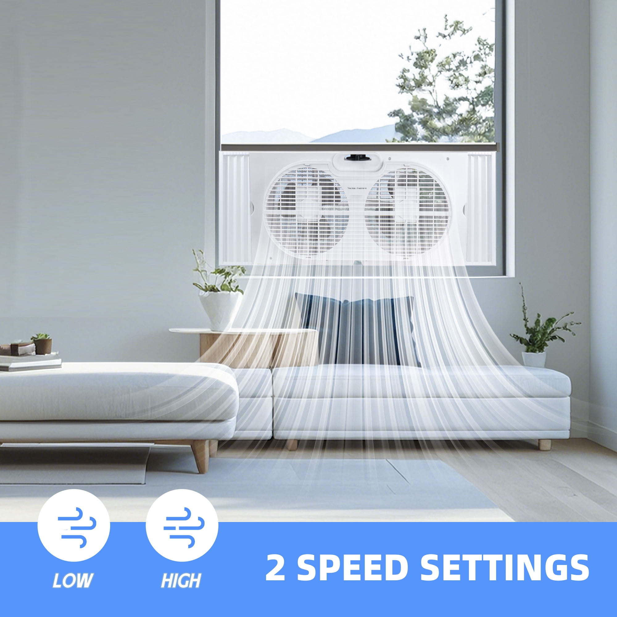 9" Dual Window Fan for Window Screen with 2 Speed Settings, Twin Window Fan with Manual Controls and Removable Legs, Horizontal Cooling Fan for Window