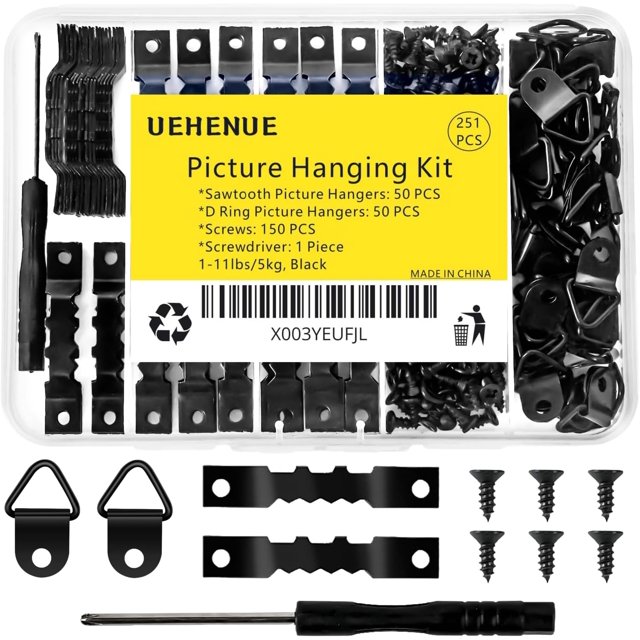 czcpp-Picture Hanging Kit 251 PCS, Include 50 Sawtooth Picture Hangers, 50 D Ring Picture Hangers, 150 Screws and 1 Screwdriver, Picture Frame Hanging Hardware Hanging Kit for Wall, Attache Cadre, Bl