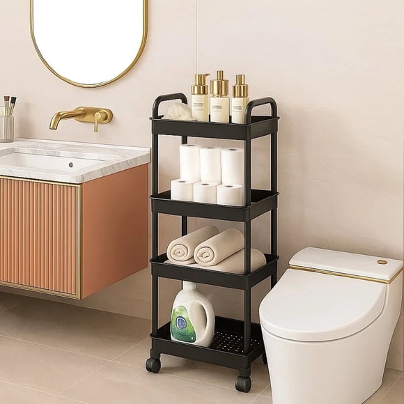 Pinksheep Carro Rodante de 4 Niveles, Carrito de Baño, Carros de Almacenamiento Rodantes, Estantería Organizadora con Ruedas, Negro