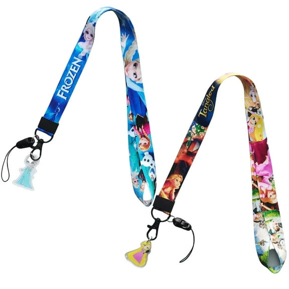 2Pcs Frozen and Tangled princess Cartoon Badge Keychain Lanyard ,ID Badge Holder, Cell Phone and Charms Neck Strap.