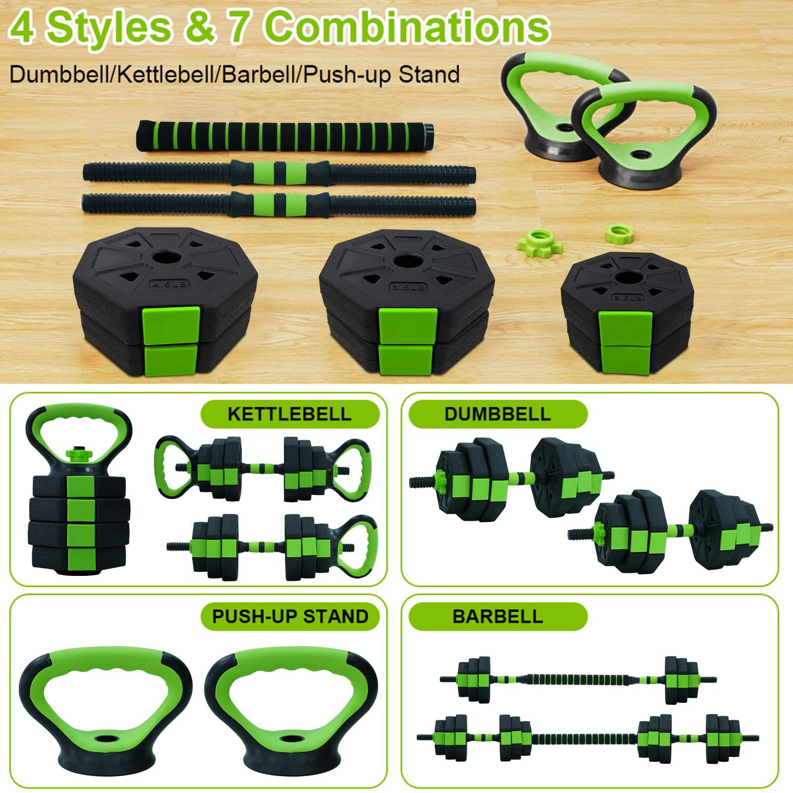 Adjustable Dumbbell Set, 4 In 1 Adjustable Dumbbell Weights 44 Lbs Free Weight Set With Connector Used As Barbell, Kettlebells, Push Up Stand,Octagon