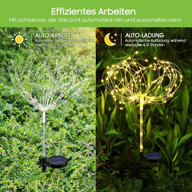 Kuymtek 2 uds 125LED fuegos artificiales solares luz de diente de león decoración de jardín al aire libre (cálido)