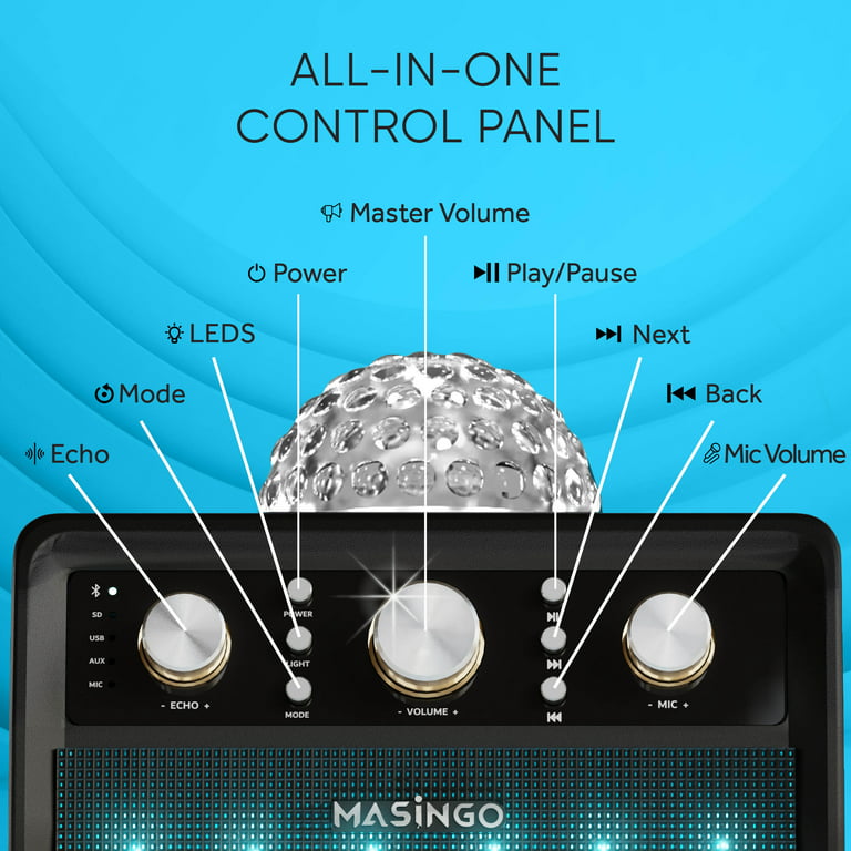 MASINGO Karaoke Machine pour Adultes et Enfants avec 2 Microphones Sans Fil  Bluetooth. Portable Singing PA Système de Haut-Parleurs avec Disco Ball