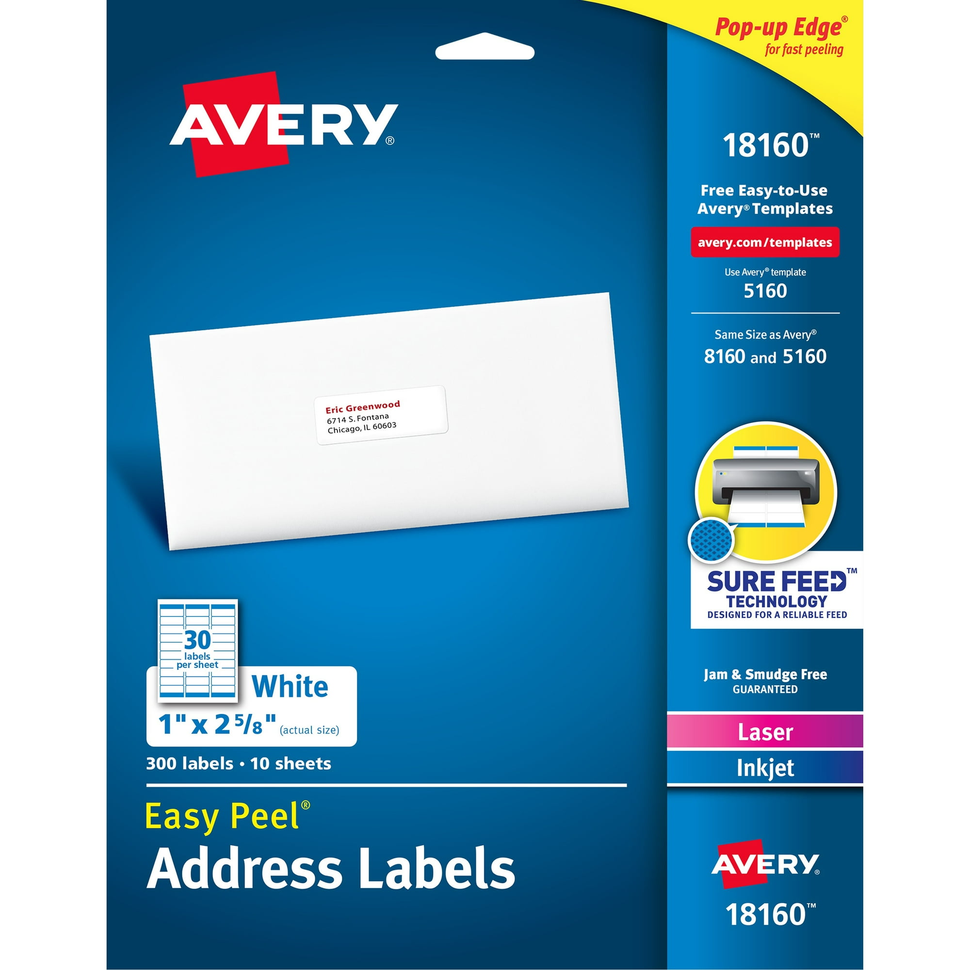 Avery Address Labels, 1" x 2-5/8", Paper, Matte White, Laser/Inkjet, Sure Feed, 300 Labels (18160)