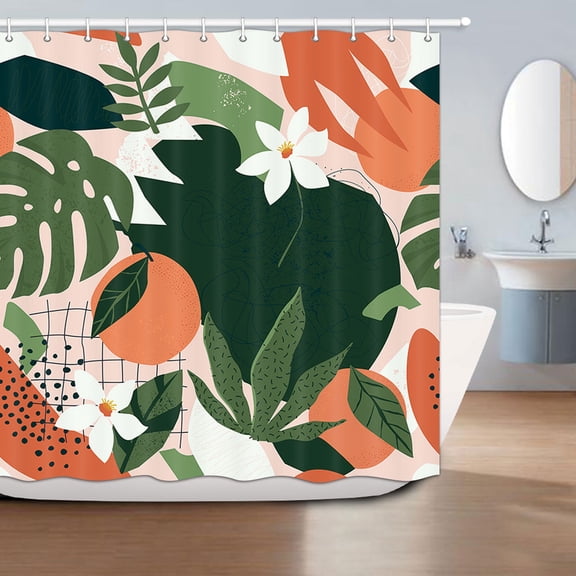 Orange Floral Fabric Shower Curtain, Pink Green Exotic Jungle Fruits and Plants Shower Curtain with Hooks, Cute Shower Curtain 69W X 70L Inch