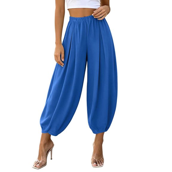 Lumtrix Cotton Linen Harem Pants Women Balloon Trouser Wide Leg Baggy Pants | Drawstring Elastic Waist Lantern Pants With Pockets Blue M