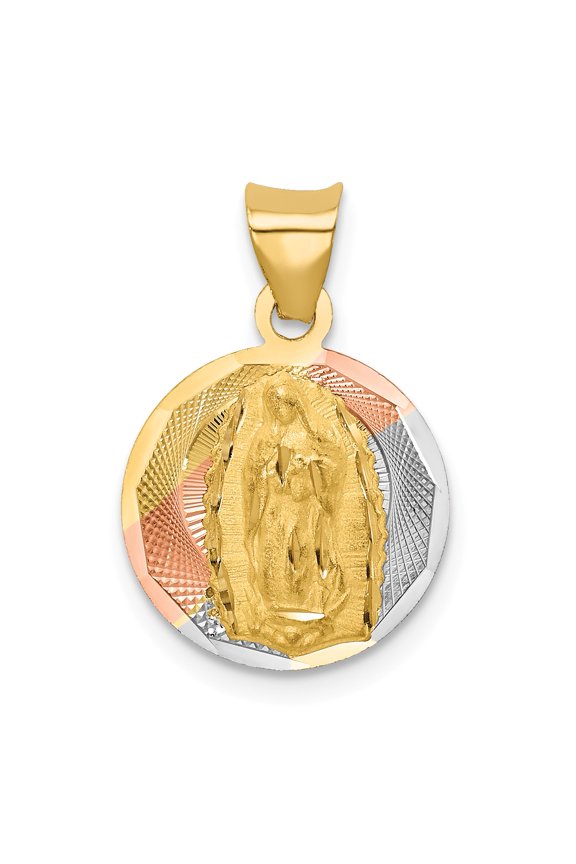 14k & Rhodium Polished & D/C Lady of Guadalupe Circle Pendant in 14k Yellow Gold w/ Rhodium Plating