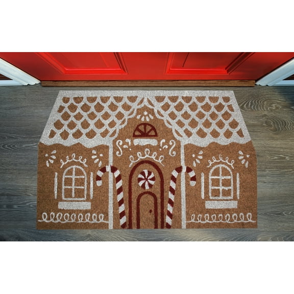 Kashi Home Winter Holiday Coir Door Mat Printed Welcome Mat 18x28 Non-Slip Doormat, Durable Outdoor/Indoor Rug, Entryway, Front Door, Porch, Patio, Joyful Christmas Collection (GINGERBREAD HOUSE)