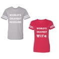 thumbnail image 1 of World Okyest Husband Wife Unisex Couple Matching Cotton Jersey style T-Shirt Contrasting stripes on sleeves (Men Heather / Women Red) (Men XXXL / Women XXL), 1 of 3