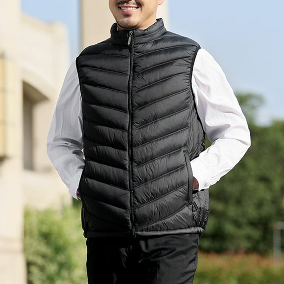 COSFO Mens Puffer Vest Full Zip Black Solid Lightweight Outerwear Stand Collar with Pockets Loose Fit Sleeveless Men's Jackets