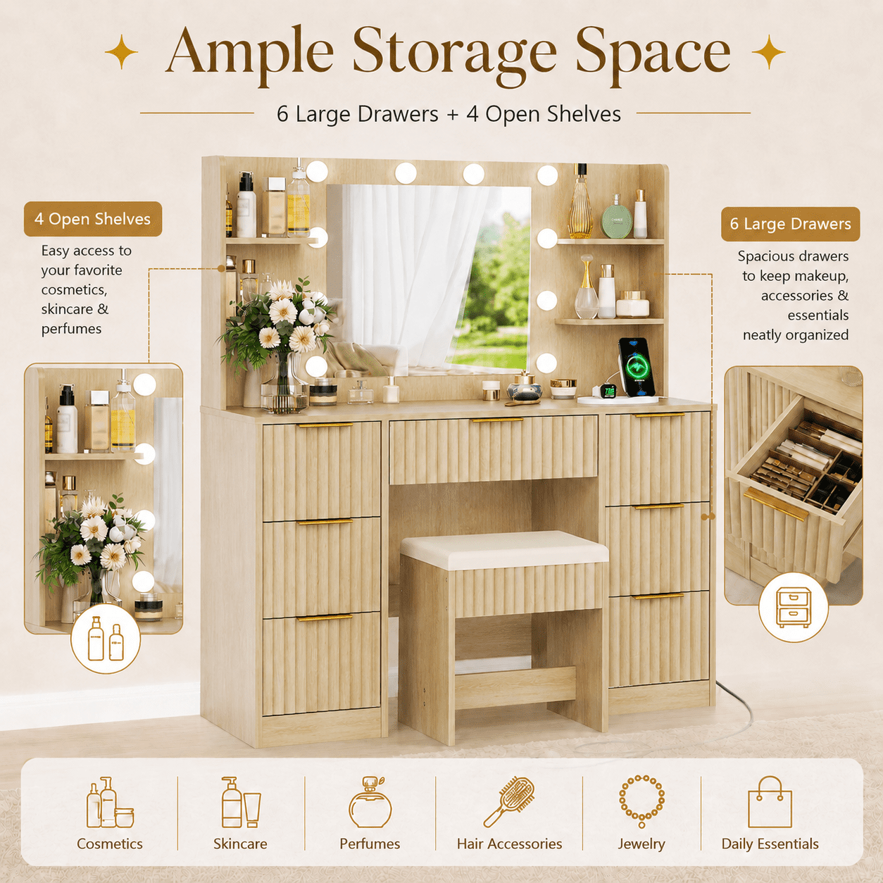 Ktaxon Makeup Vanity Set with 3 Color Lighted Mirror & Charging Station, Dressing Table w/ 7 Drawers for Femal Gift, Wood Color