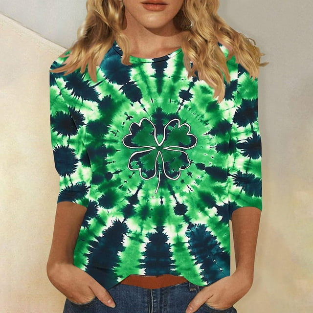 Xuyuer St. Patrick's Day Graphic Tee - Ladies' Relaxed Fit Crew Neck 3/4 Sleeve Top for Irish Festival Outings, Pub Crawl Events, Luck-Themed Casual Wear & Shamrock Print Street Style