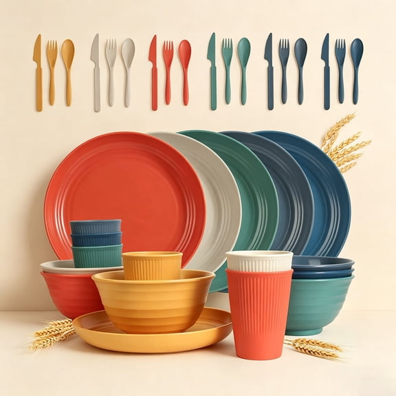 Wheat Straw Dinnerware Sets, Reusable Plates and Bowls, Travel Camping Cutlery Set, Dishwasher Microwave Safe