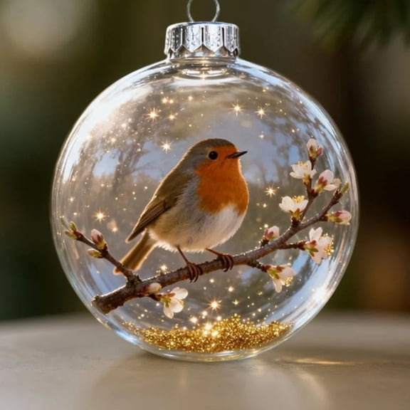 Tuvgenk Hanging Bird Decorative Pendant Crystal Snow Globe Robin Ornament Water Globe Glass Dome Resin Base Home Table Shelf Holiday Decor