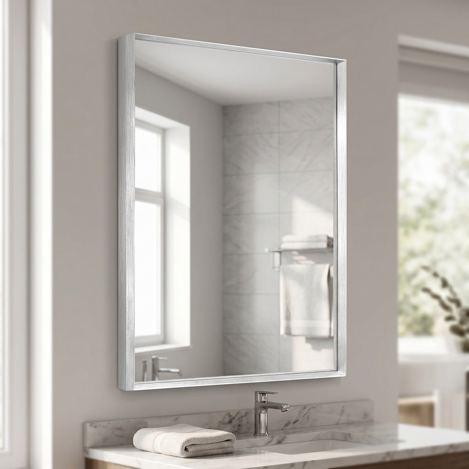 Gleamira 30"x48" Bathroom Wall Mounted Mirror Vanity Rectangular Mirror with Deep Frame, Silver