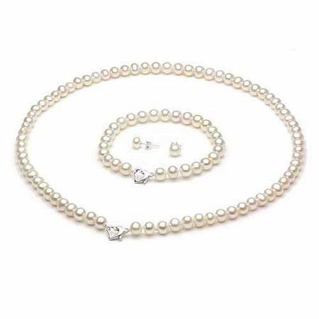 5-6mm White Freshwater Pearl Heart-Shape Sterling Silver Necklace (18), Bracelet (7) Set with Bonus Pearl Stud Earrings