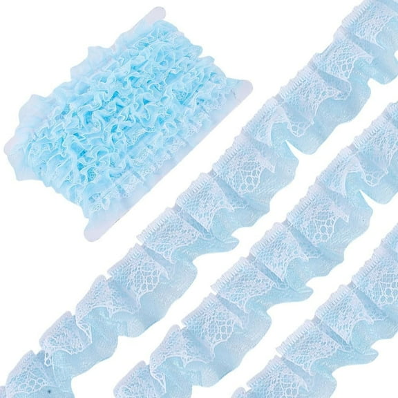 12.5 Yards 2 Layer Double Pleated Organza Lace Edge Ribbons Ruffled Fabric Trim Gathered Mesh Chiffon Ribbo Edging Trimmingsn for Embroidered Sewing Craft Wedding Dress(Deep Sky Blue) DIY