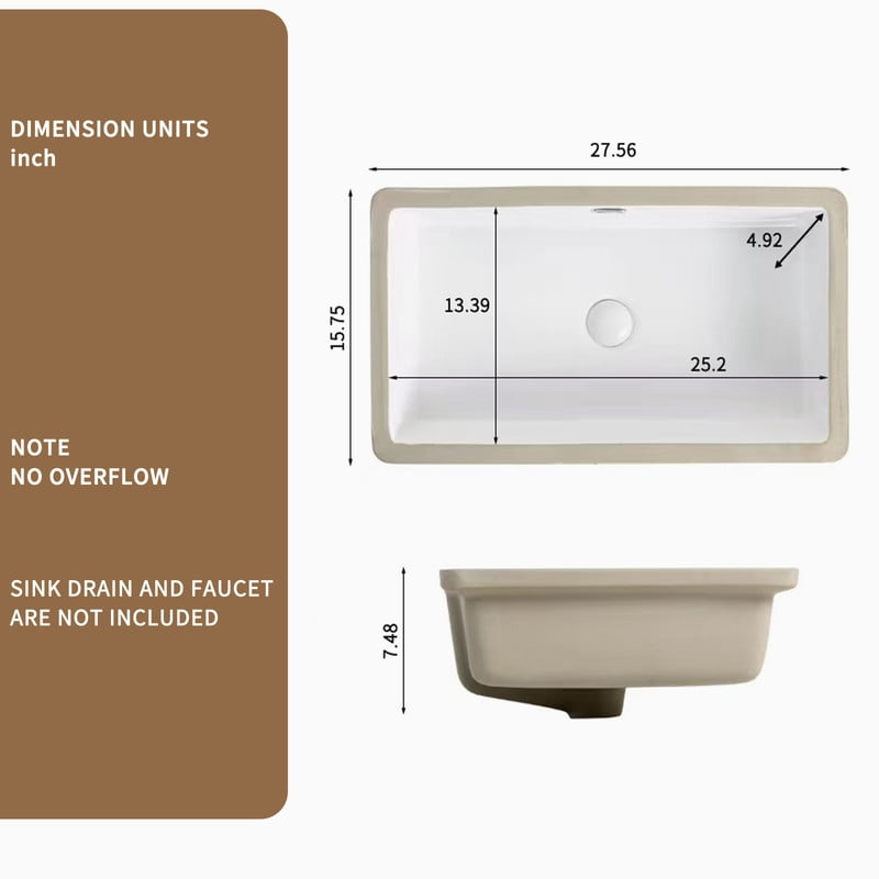 TICOZE Modern White 28 Inch Undermount Kitchen Sink, Fireclay Bathroom Sink Vanity Sink Style, Large Single Bowl Ceramic Sink with Overflow
