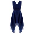 thumbnail image 4 of Linjinx Kids Flower Girls Chiffon V Back Wedding Bridesmaid Dress Asymmetric Hem Pleated Waist Navy Blue 14, 4 of 7
