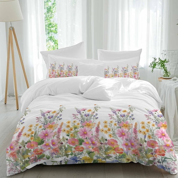 Spring Flowers Full Size Comforter Set, Country Colorful Wildflowers Field Botanical Bedding for All Seasons, 4 Pcs Bed Set, 1Quiltcover (86"x86") ,1Sheet(80"x116"), 2Pillowcases (30"x20")