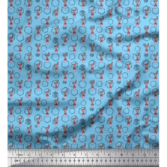 Soimoi Blue Cotton Voile Fabric Hexagon,Conical Pot & Cactus Tree Printed Fabric 1 Yard 42 Inch Wide