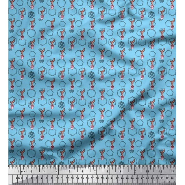 Soimoi Blue Poly Georgette Fabric Hexagon,Conical Pot & Cactus Tree Print Sewing Fabric Yard 52 Inch Wide