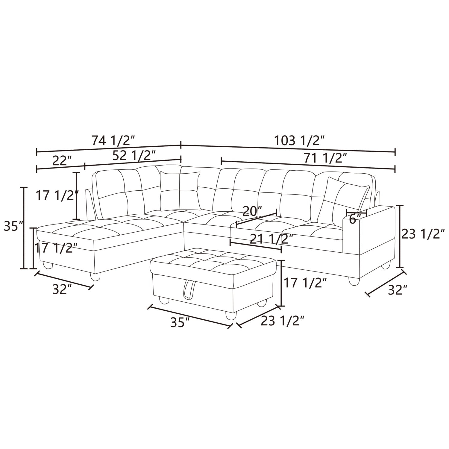 Hommoo 4 Seat Living Room Furniture Sets, Flannel Sectional Sofa, Modern L-Shaped Couches and Sofas Set for Home, Black(No Ottomans)