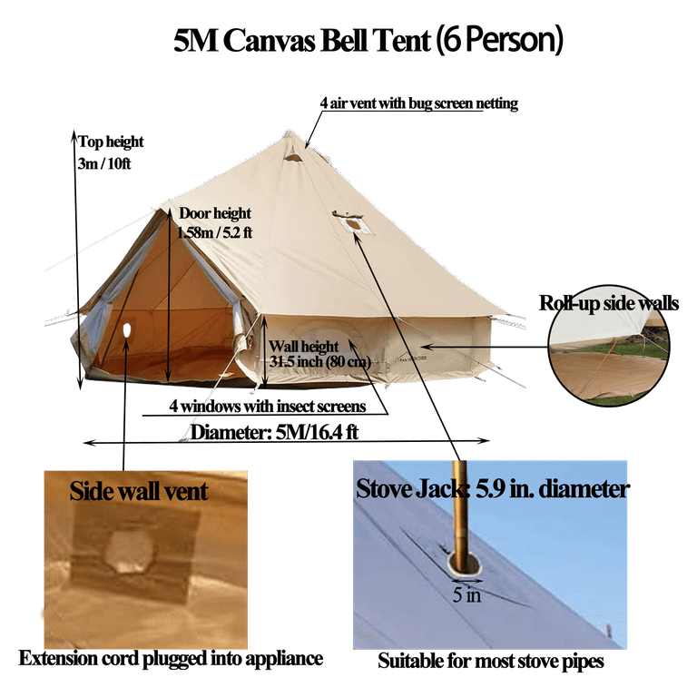 DANCHEL OUTDOOR 16.4ft=5M Cotton Canvas Waterproof Bell Tent with