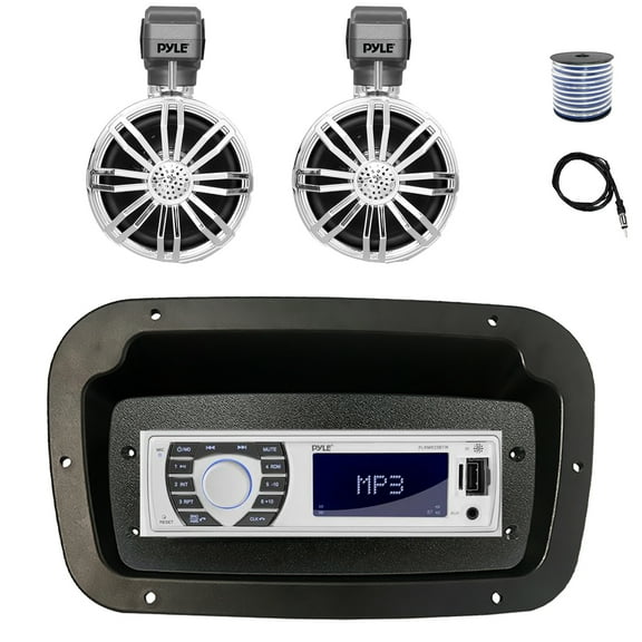 Pyle PLRMR23BTW Single DIN Bluetooth Marine MP3 Stereo Receiver, Spa bezel, Adapter Plate, 22" Radio Antenna, Wire, 2x 2.25" 10W Max Full Range Waterproof Off-Road Audio Speakers (Chrome)