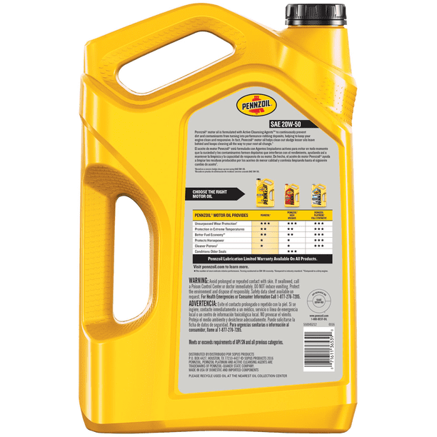 Pennzoil Conventional 20W-50 Motor Oil, 5-Quart - Walmart Business