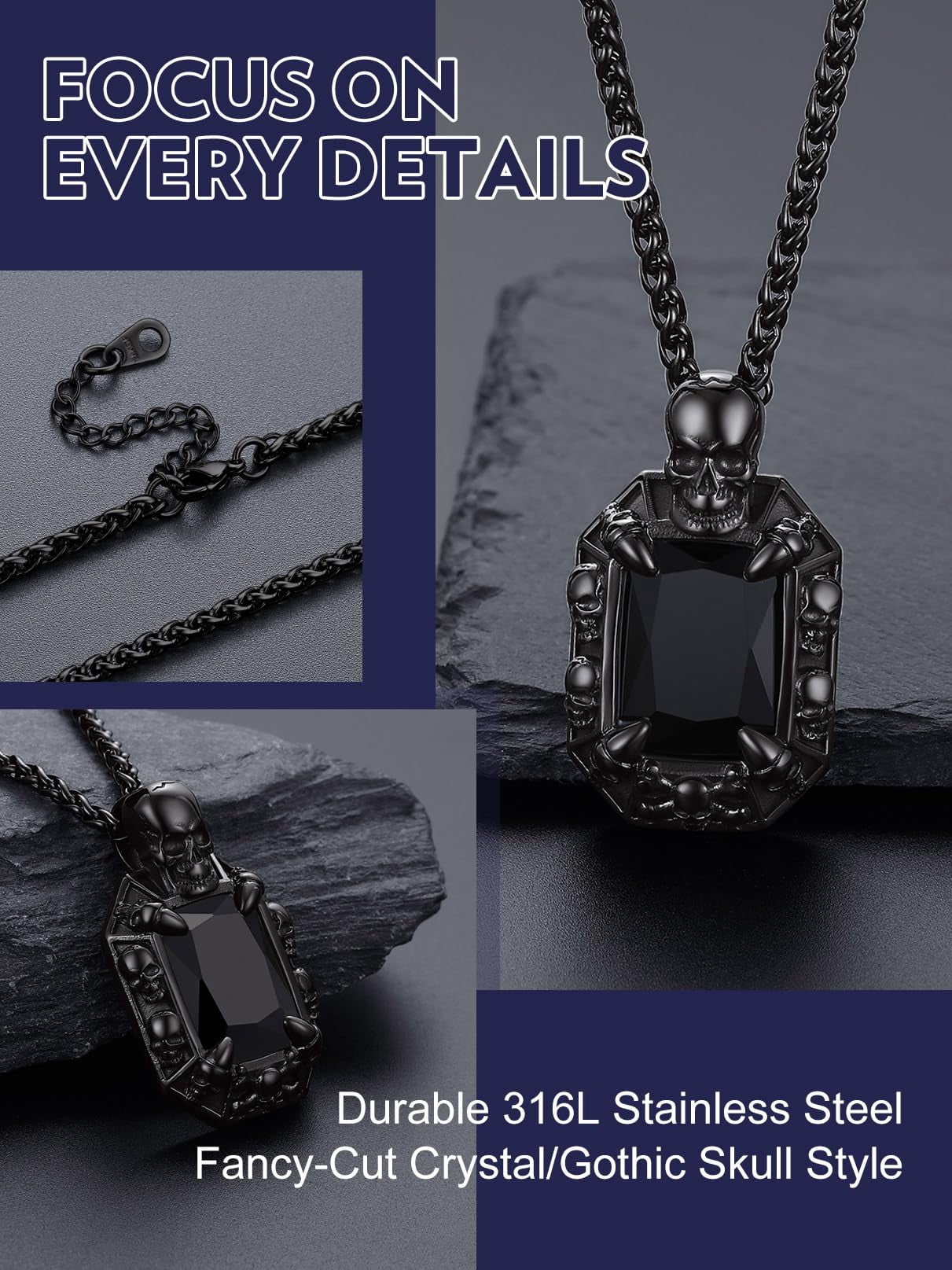 Bandmax Gothic Style Men Black Stainless Steel Necklace Skull Pendant for Men Women Black Onyx Pendant Biker Necklace Gift