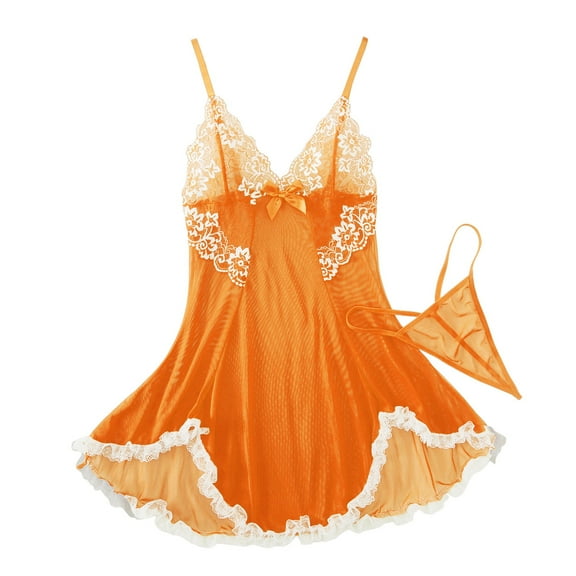 Razzly Women Lingerie Lace Mesh Nightgown Chemise Boudoir Nighty Sleepwear 5x Lingerie for plus Size Women 5x Lingerie for plus Size Women Lingerie for Women plus Size Christmas(Orange,S)