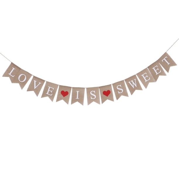 Banderines de arpillera con diseño de cola de golondrina de 2,8 m con la frase "Love Is Sweet", para colgar en fiestas de bodas.