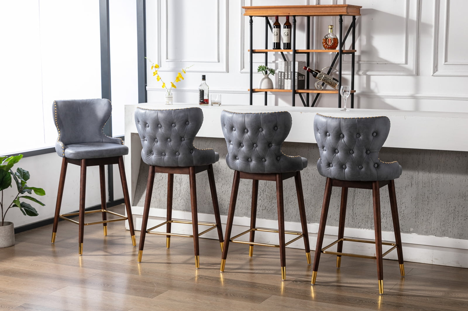 Yardi Yard Modern Leathaire Set of 2 Bar Stools with Back, 29.9" Tufted Gold Nailhead Trim Counter Height Stools for Pub Kitchen, Stone Blue Yardi Yard Modern Leathaire Set of 2 Bar Stools with Back, 29.9" Tufted Gold Nailhead Trim Counter Height Stools for Pub Kitchen, Stone Blue
