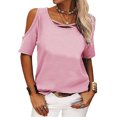 thumbnail image 1 of Camiseta de manga corta de color puro para mujer Blusa de manga corta de color liso transpirable holgada con hombros descubiertos, 1 of 6
