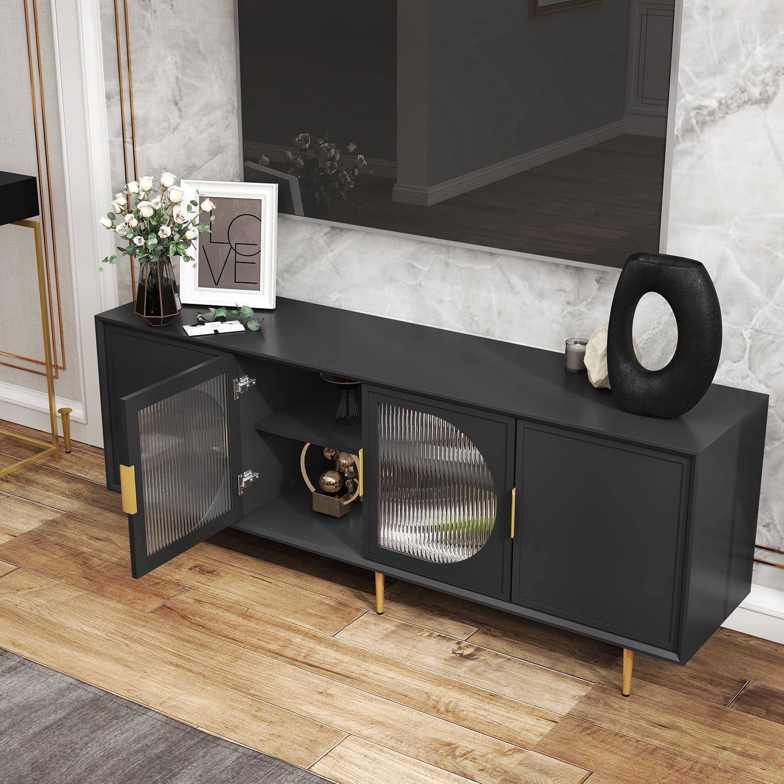 HLR Modern 66" TV Stand, for TVs up to 75", Living Room Entertainment Center with Glass Storage Cabinet, Black