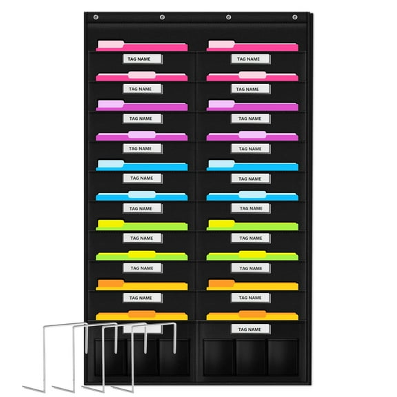 Bevtee Hanging File Holder Organizer, Wall Storage 20 6 Pocket Chart File Organizer, 20 Tags, 4 Hooks, for School, Classroom, Home or Office, Black