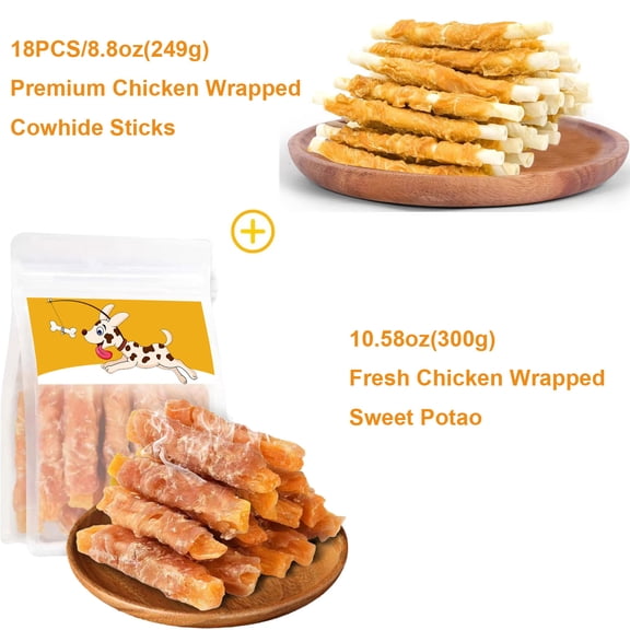 Chicken Dog Treats Combo – 10.58oz Chicken Wrapped Sweet Potato Jerky & 18pcs (8.8oz) Chicken Wrapped Rawhide Sticks – Grain-Free High Protein Training Snacks & Long-Lasting Chews for Dogs