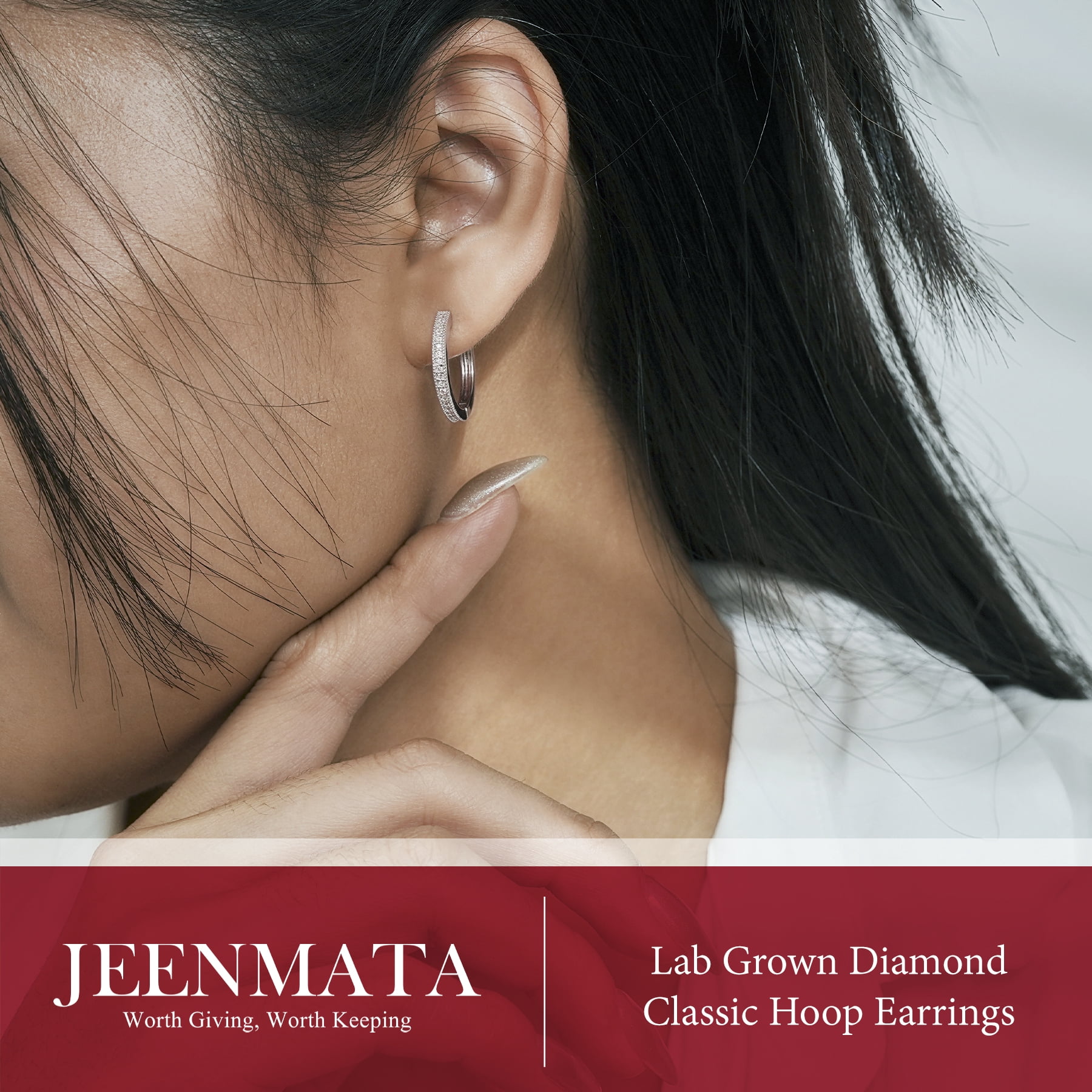 JeenMata Lab Grown Diamond Hoop Earrings - Round Cut Classic Earrings in White Gold Plating for Women