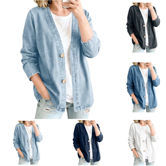 Sentuca Denim Jackets for Women Classic Button Front Breathable Stretch Jacket Relaxed Lightweight Casual Long Sleeve Cardigan Coats Light Blue S
