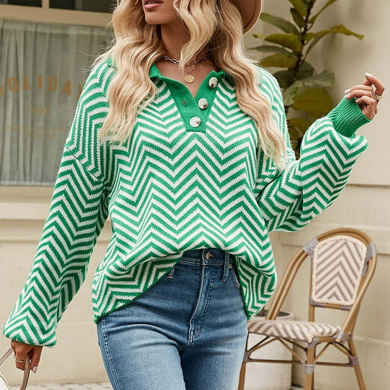 SSAAVKUY Deals Womens Large Size Relaxed Sweater Drop Shoulder Long Sleeve  Pullover Chevron Stripe Printed Tops Buttons Lapel V Neck Blouse Dressy  Casual Mid-Weight Pullover Winter Warm Green 10 