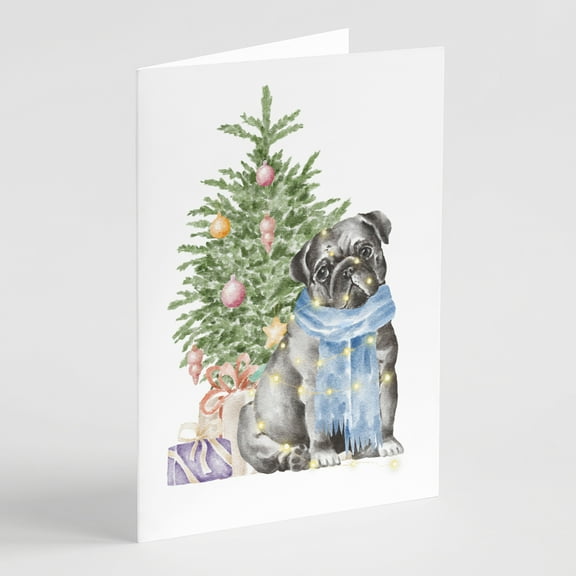 Carolines Treasures CK8229GCA7P Pug Black Christmas Presents and Tree Greeting Cards and Envelopes Pack of 8 7 x 5