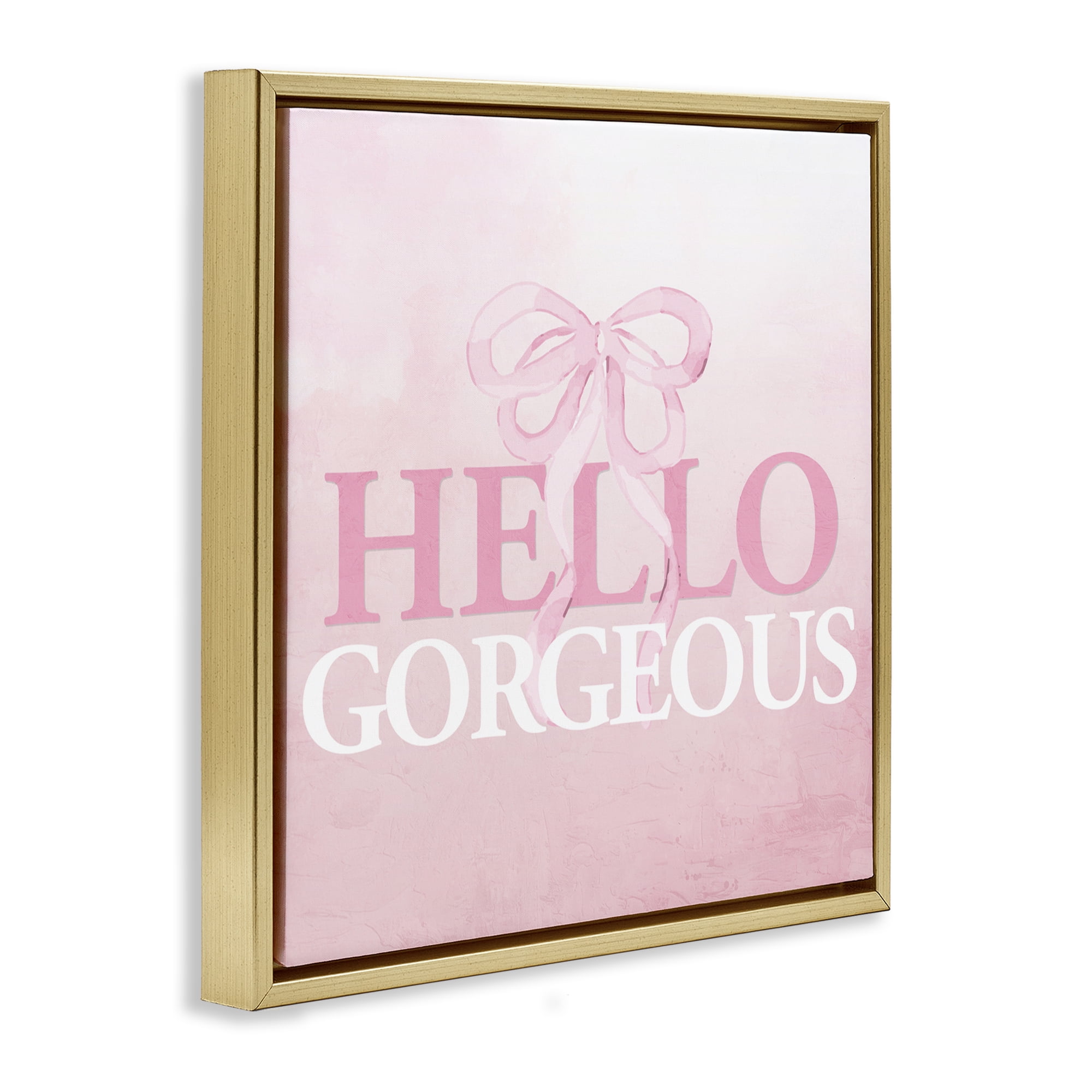 Feminine Hello Gorgeous Gold Framed Floater Canvas Wall Art, design by Kim Allen