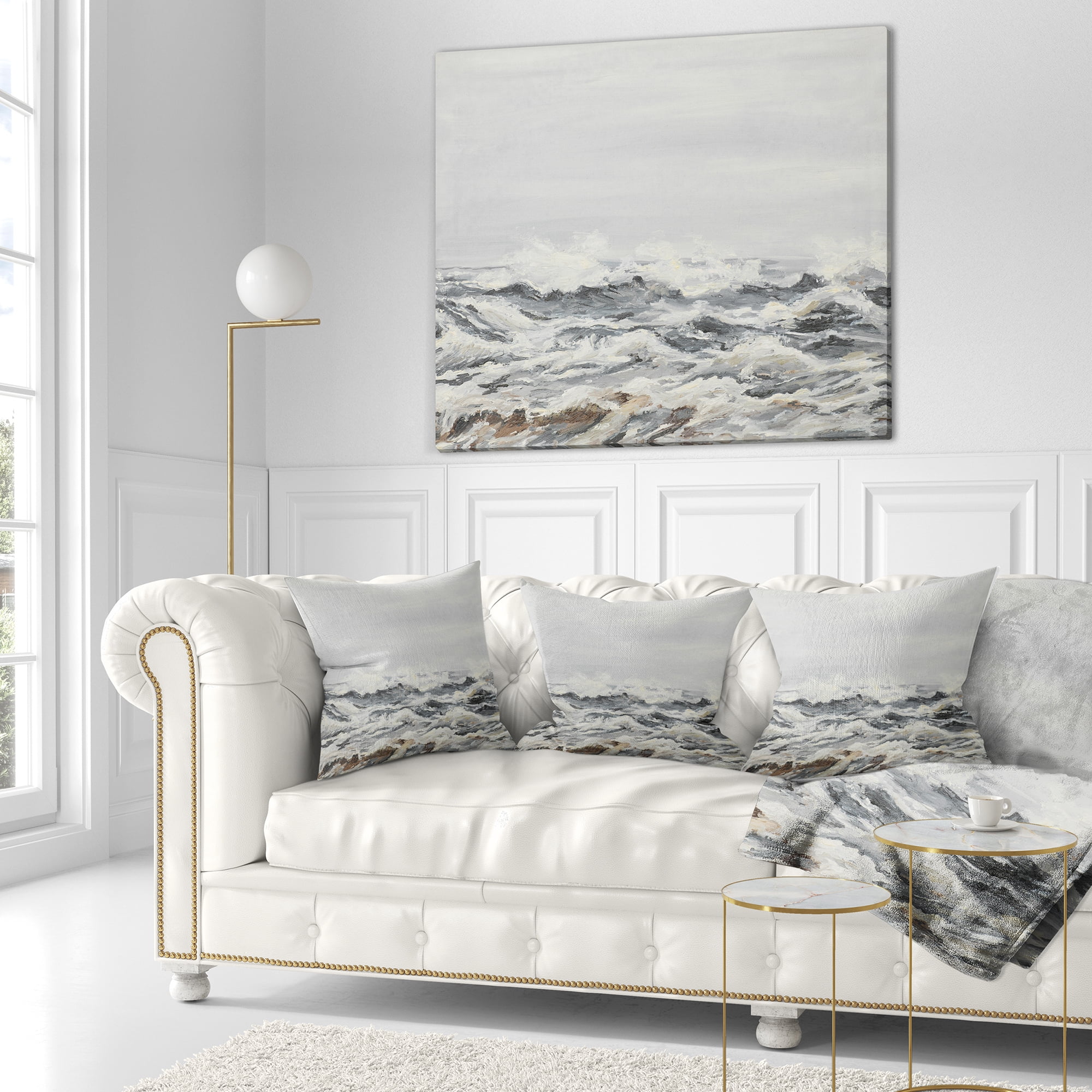 Designart Grey Sea Waves - Seascape Throw Pillow - 18x18