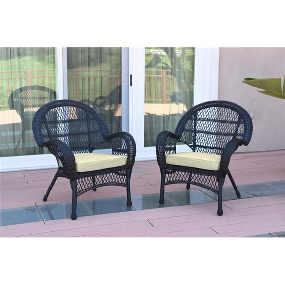 W00211-C-2-FS001 Santa Maria Black Wicker Chair with Ivory Cushion - Set of 2
