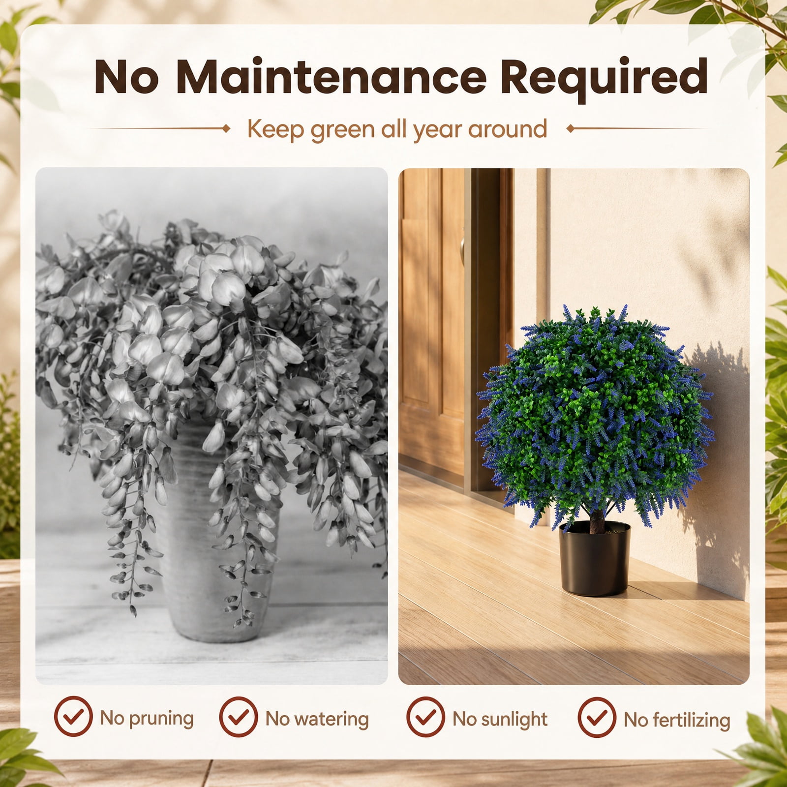 Vebreda Artificial Plant Decor, Set of 2 Artificial Lavender Topiary Ball Trees 22 inch Faux Lavender Potted Plants, Elegant Natural Look
