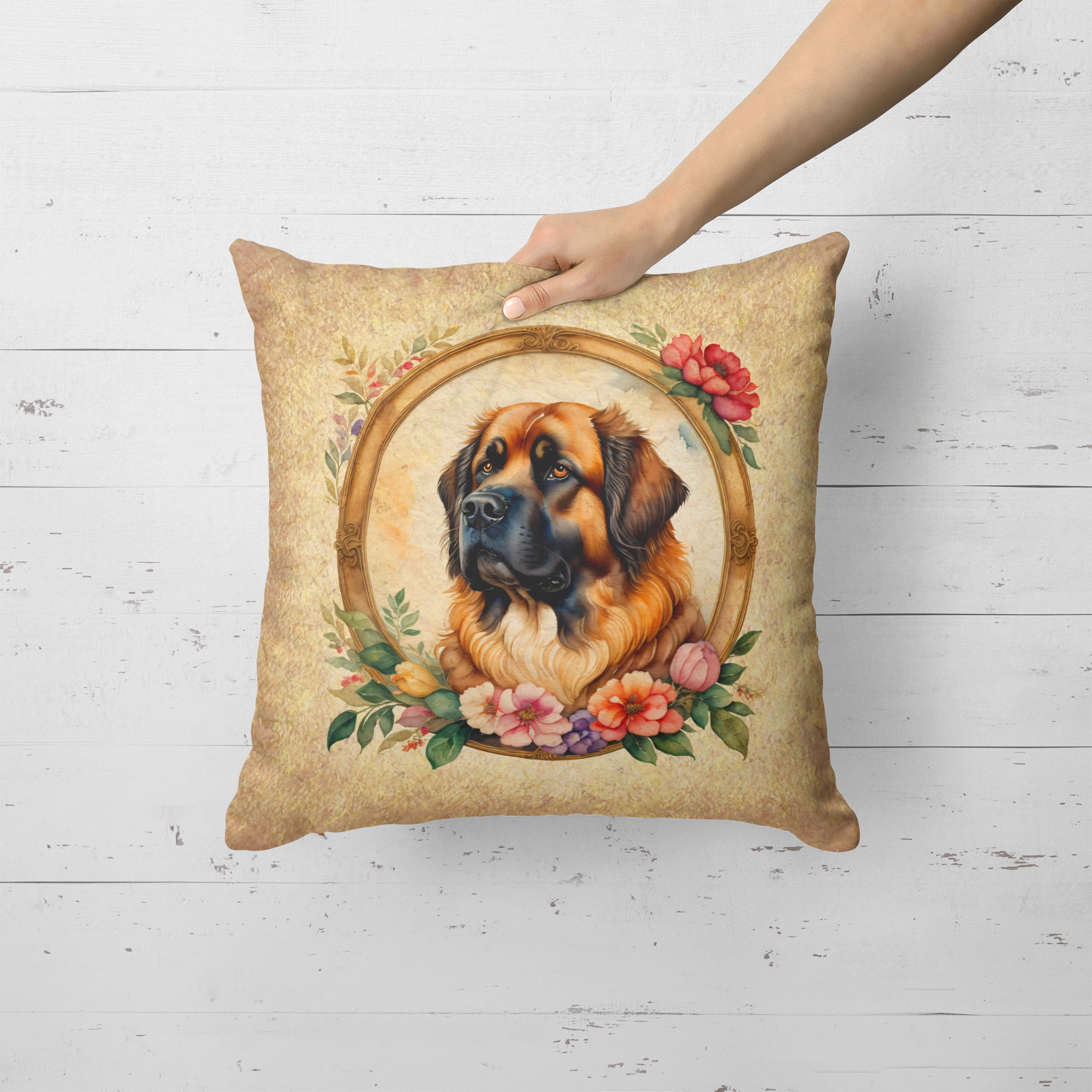 Leonberger and Flowers Fabric Decorative Pillow 18 in x 18 in