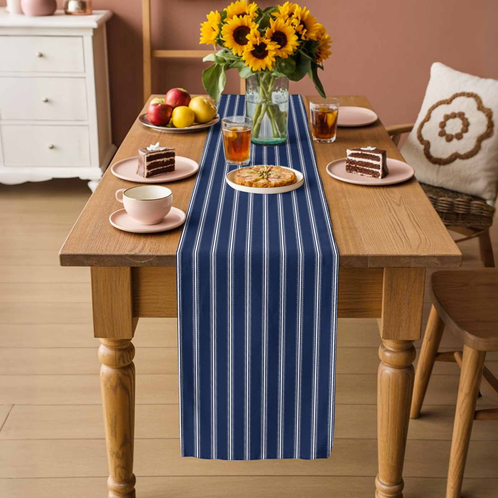 Navy Blue Striped Table Runner, Navy Blue White Farmhouse Stripes Washable Cotton Linen Table Runners 60 Inches Long, Dresser Scarf Runner for Coffee/TV Stands/Kitchen/Cabinets 13''x60''