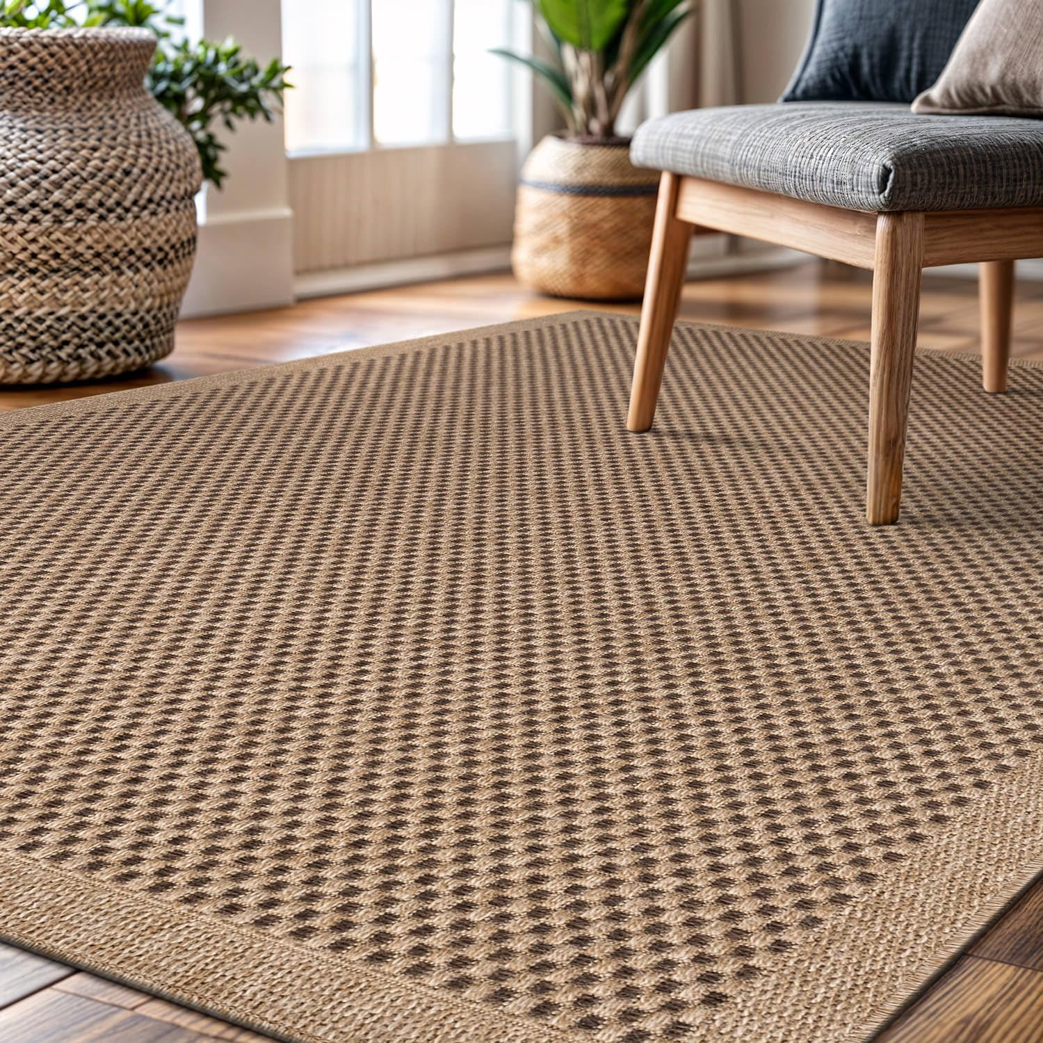 CAMILSON Easy Jute Rug Indoor Outdoor Farmhouse Area Rugs Checkered-Natural 6x9